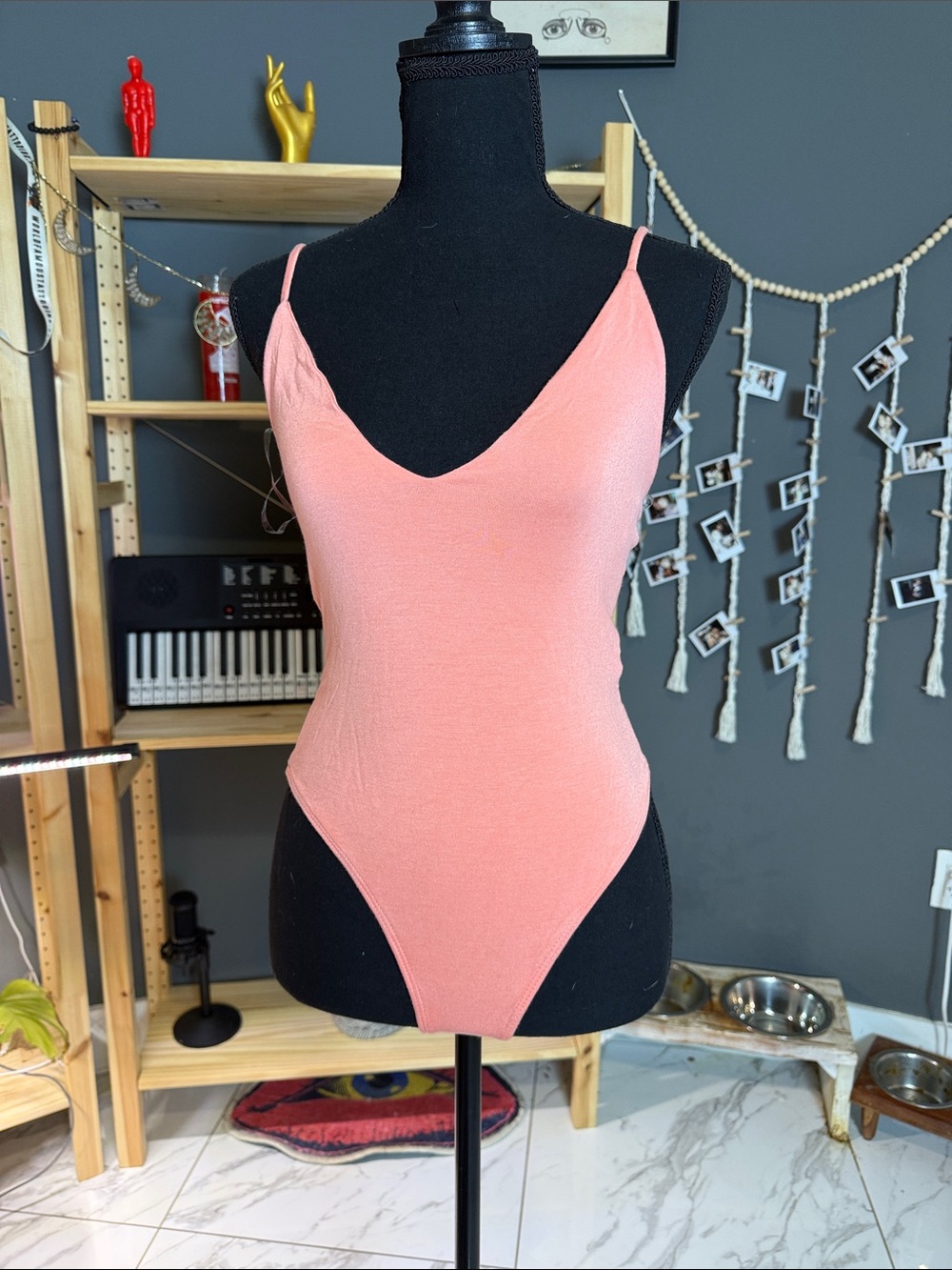 Women's Coral Pink V-Neck Spaghetti Strap Bodysuit